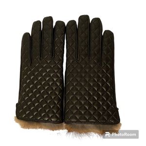 VIKIDEER GLOVES BLACK QUILTED LAMBSKIN LEATHER CASHMERE LINED RABBIT FUR CUFF M